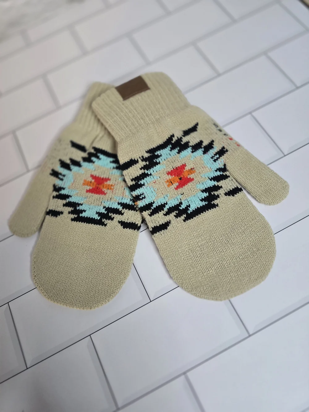 Kids Aztec Knit Hat, Scarf & Mittens Set - Cream with Turquoise & Orange